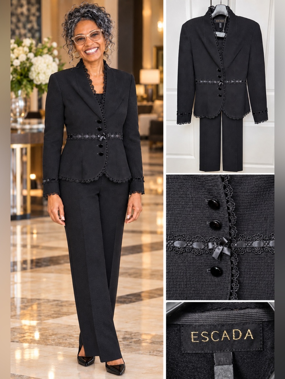Escada Black Textured Two-Piece Pant Suit with Trim Size 36